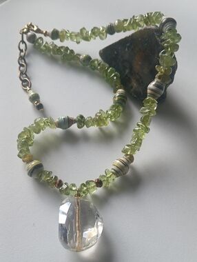 Green Peridot Chip Necklace with Clear Quartz Pendant